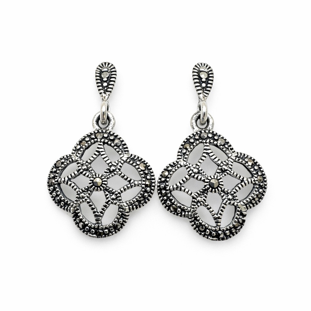 S925 Marcasite Flower Dangle Earrings